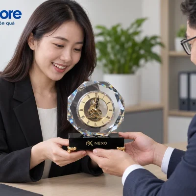 Mô phỏng hai người trao đồng hồ PL01 demo NEXO bằng cách đỡ đế đen