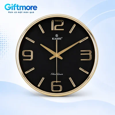 Kashi HM381 YC mặt đen, viền vàng và số nổi 12 3 6 9 trên nền GiftMore