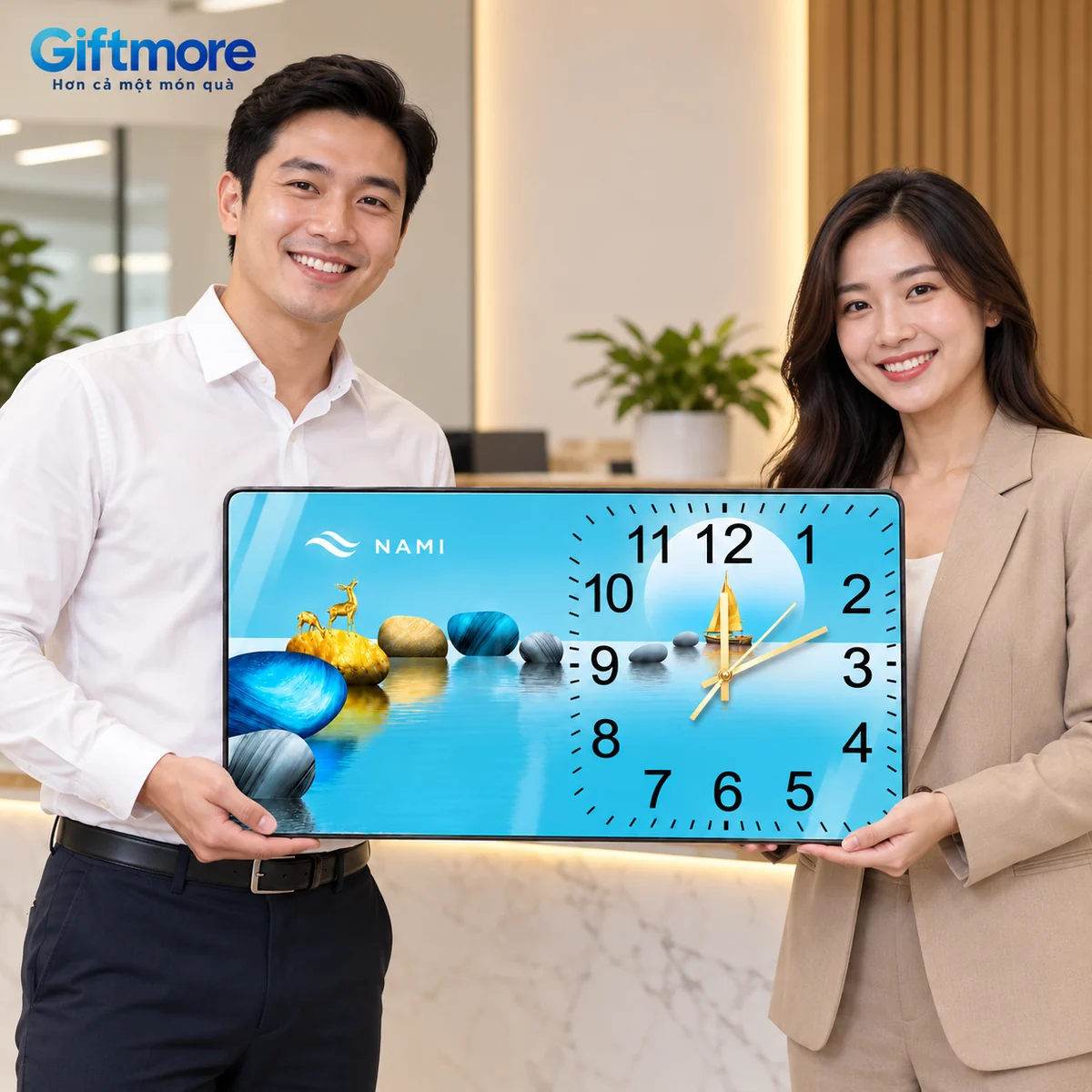 Mô phỏng trao đồng hồ chữ nhật xanh demo NAMI bằng hai tay tại không gian đón khách