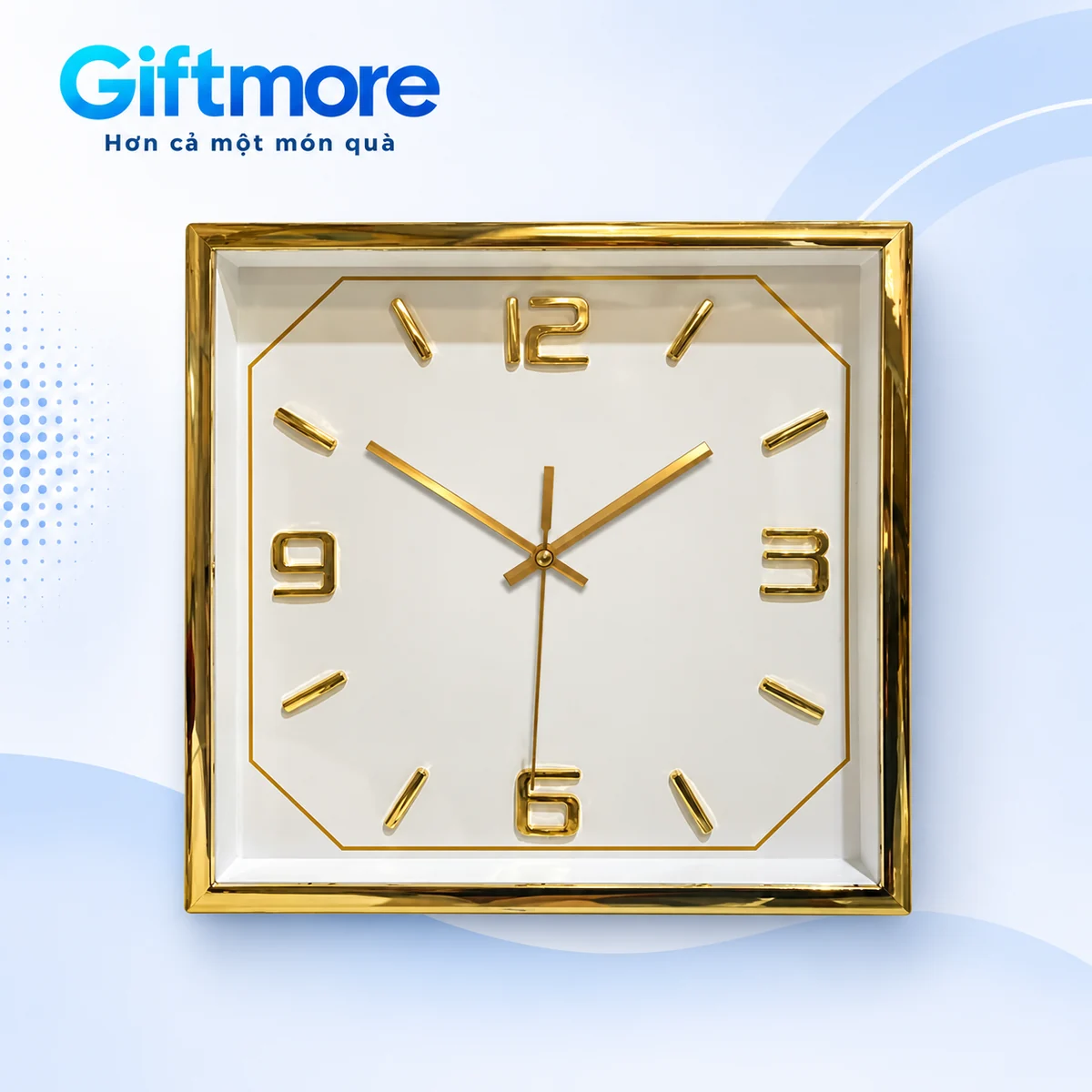 Đồng hồ vuông HD52 viền vàng mặt sáng số 12 3 6 9 và vạch giờ trên nền GiftMore