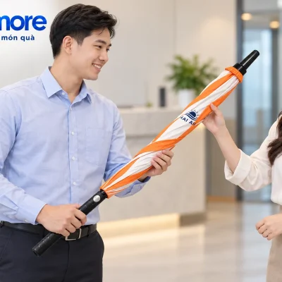Mô phỏng trao dù cán thẳng cam trắng đã khép, tay cầm đen và đầu dù đều nhìn thấy