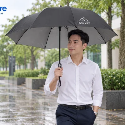 Mô phỏng người cầm dù đen tám múi có demo SON VIET đi qua lối ngoài văn phòng