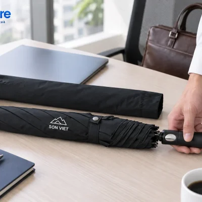 Mô phỏng cầm dù đen đã gấp cạnh bao vải và laptop trước khi rời văn phòng