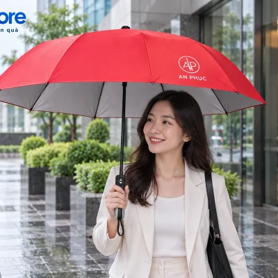 Mô phỏng người cầm dù đỏ có demo AN PHUC ngoài văn phòng, mặt trong sáng bạc và tay cầm bạc đen