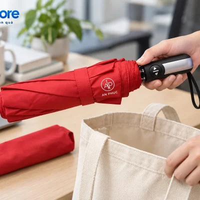 Mô phỏng cầm dù đỏ đã gấp phía trên túi vải mở, bao đỏ đặt cạnh trên bàn