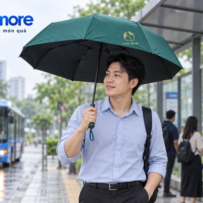Mô phỏng người cầm dù xanh đậm demo LAM SON tại lối tới điểm chờ xe, mặt trong đen và tay cầm tròn xanh