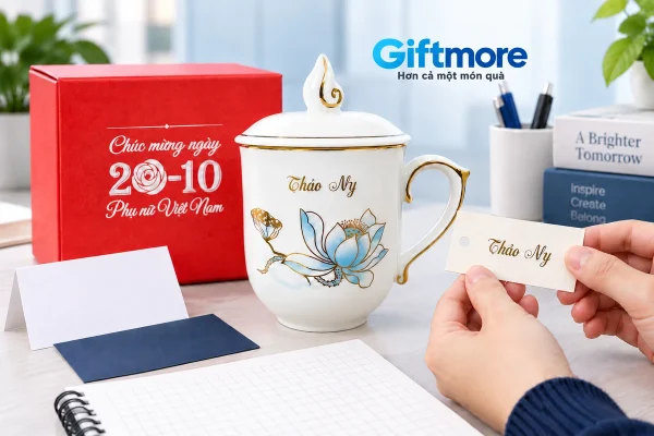 Ly trắng có tên Thảo My cạnh hộp đỏ và thẻ tên được cầm để đối chiếu