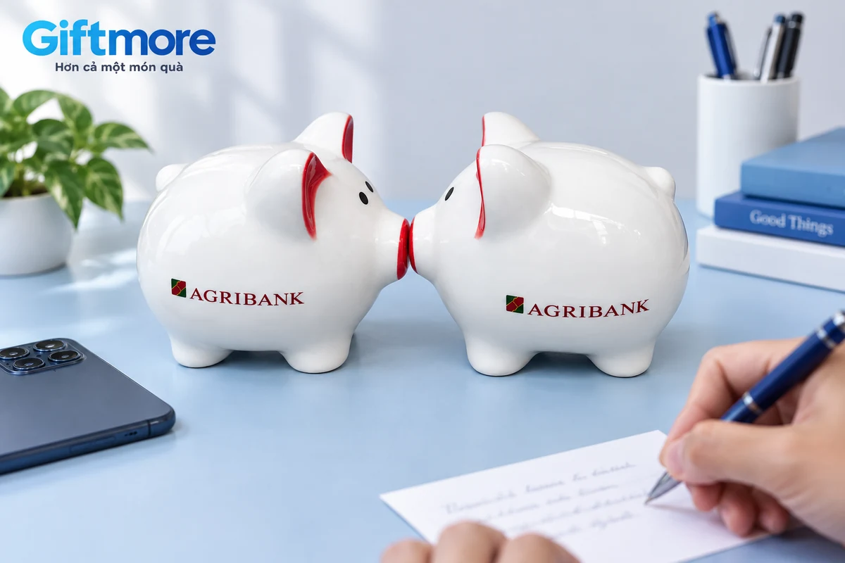 Hai heo trắng in Agribank cạnh tay ghi nhận nội dung đối chiếu