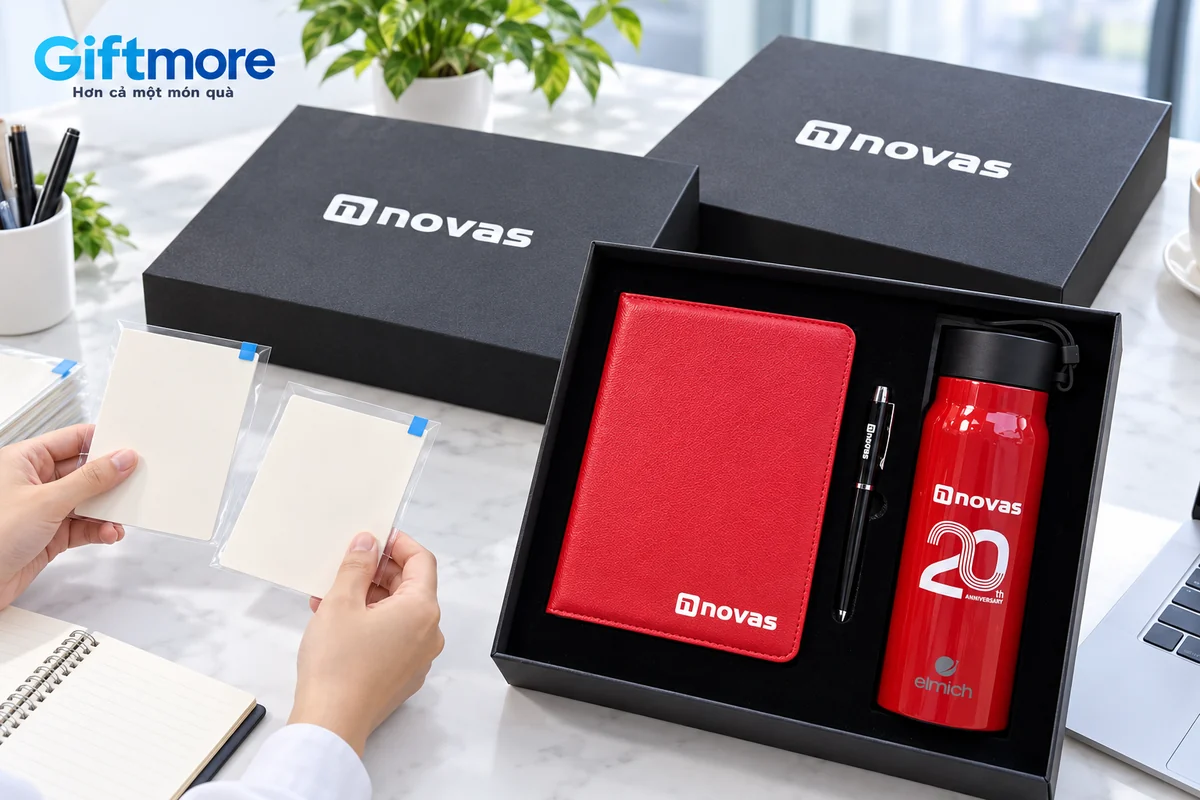 Bộ quà novas cùng hai hộp đóng và thẻ trống tại bàn chuẩn bị