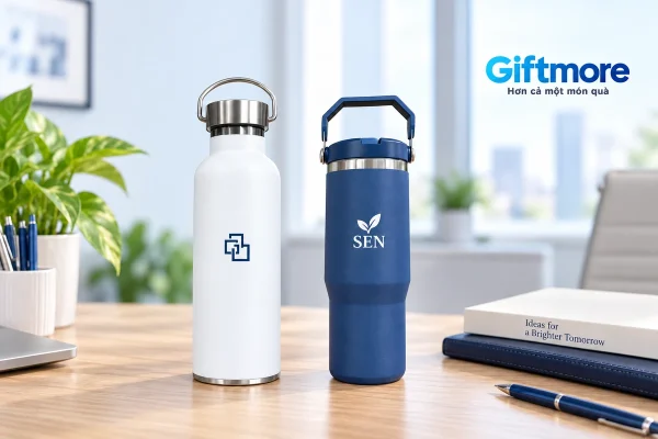 Bình trắng nắp quai kim loại và bình navy quai gập từ mẫu thật cạnh tài liệu đối chiếu
