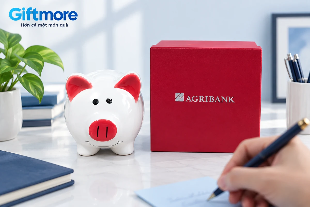 Heo trắng tai hồng và hộp Agribank cạnh bàn viết yêu cầu quà