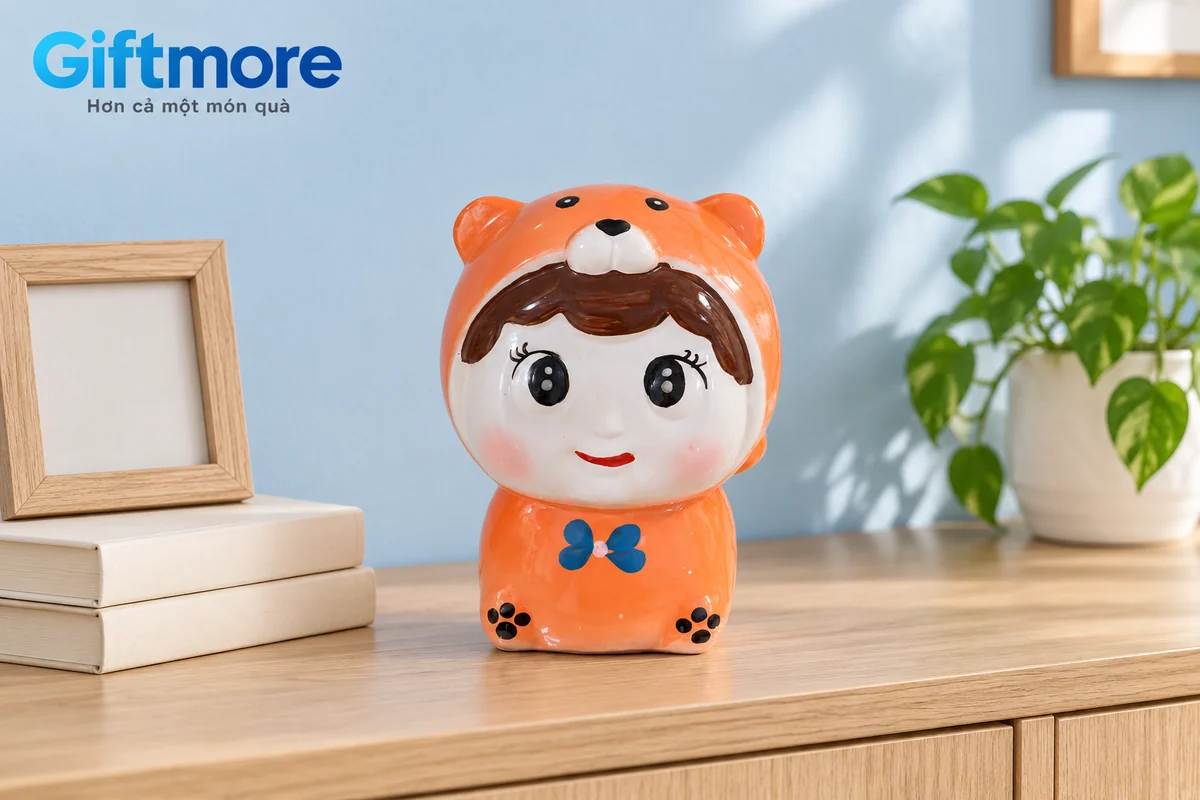 Mô phỏng búp bê áo cam nơ xanh cạnh sách kem và khung ảnh trống trên tủ gỗ