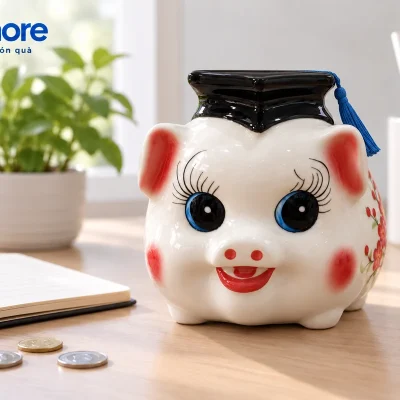 Mô phỏng heo đất cử nhân trắng đặt trên bàn học cạnh sổ nhỏ và vài đồng xu rời