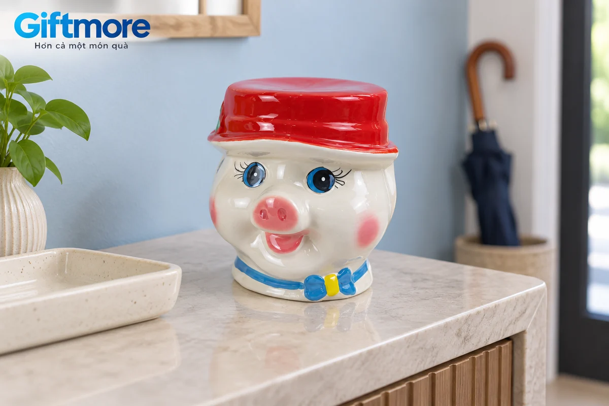 Mô phỏng heo mũ đỏ nơ xanh trên bàn đá sáng gần lối vào nhà