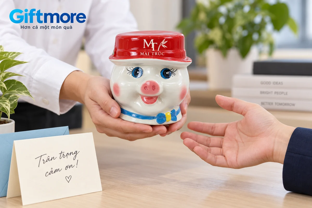 Mô phỏng người lớn trao heo đất mũ đỏ nhận diện MAI TRÚC cạnh thiệp cảm ơn