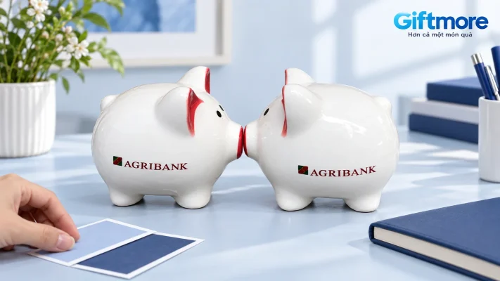 Hai heo trắng in Agribank trên bàn chọn mẫu quà