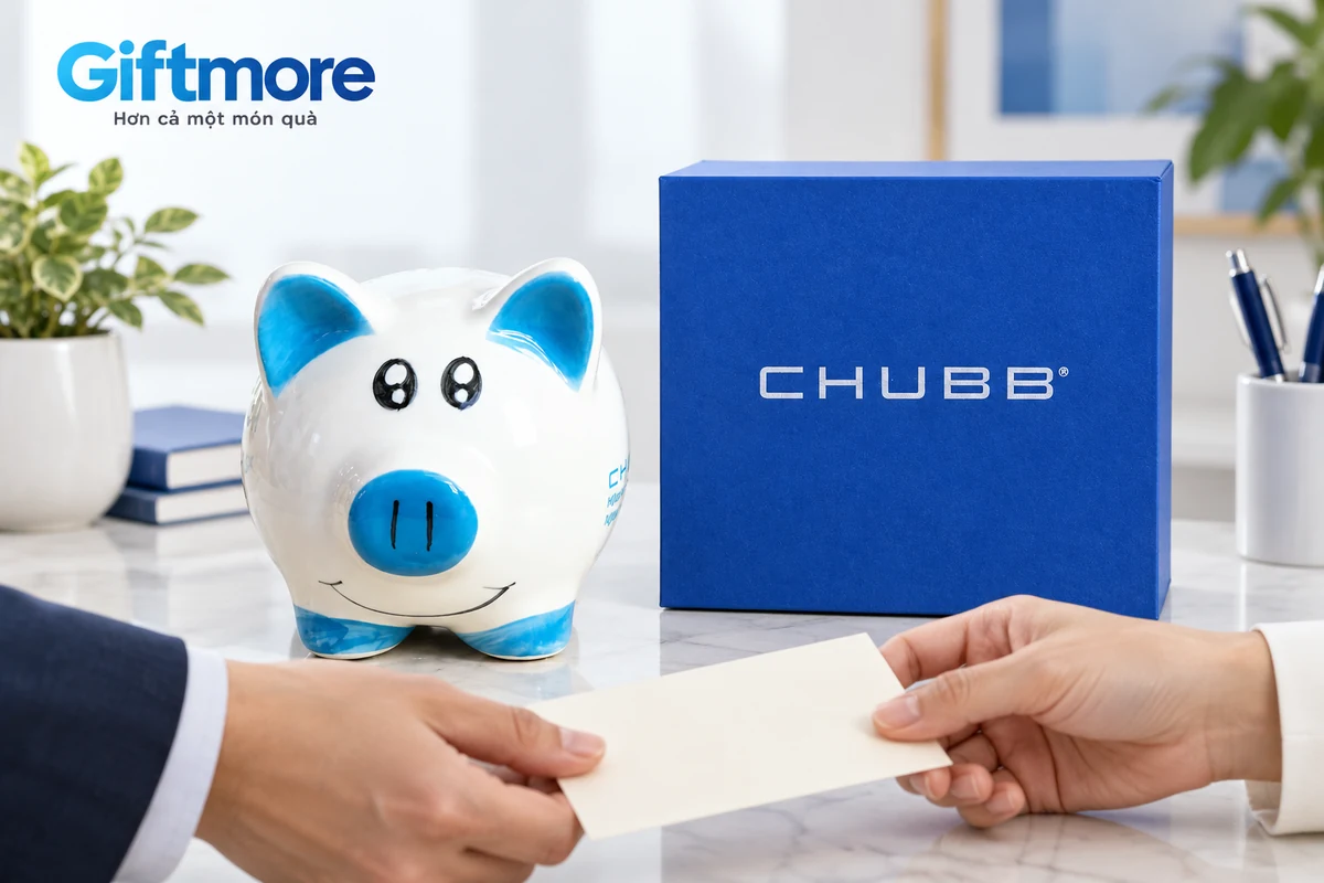 Heo tai xanh và hộp CHUBB trong cảnh trao đổi thiệp quà