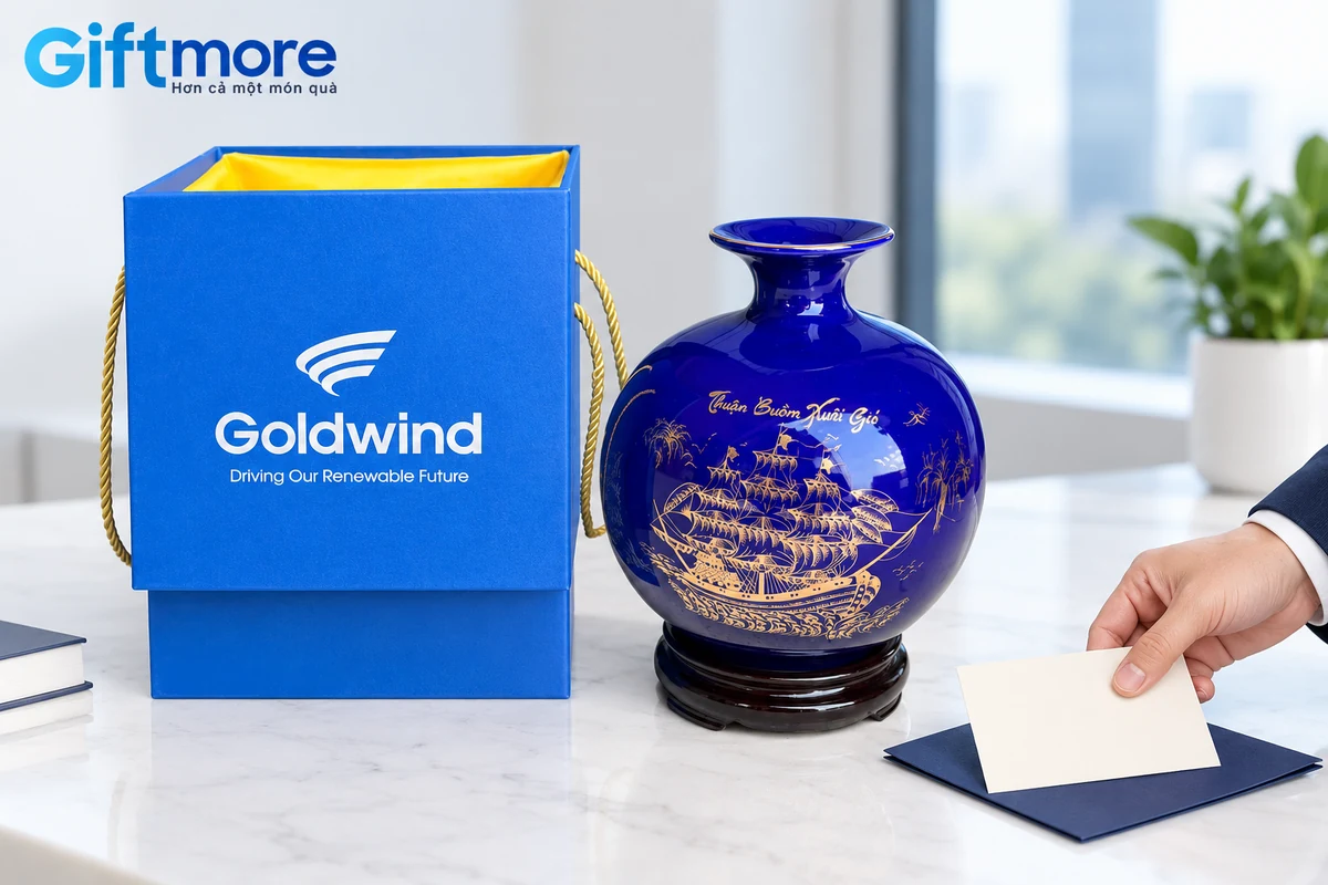 Bình xanh họa tiết thuyền và hộp Goldwind thật trong cảnh chọn thiệp