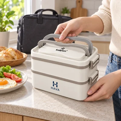Mô phỏng chuẩn bị hộp cơm Kalpen AR10 đóng hai tầng trên bàn bếp trước khi mang đi