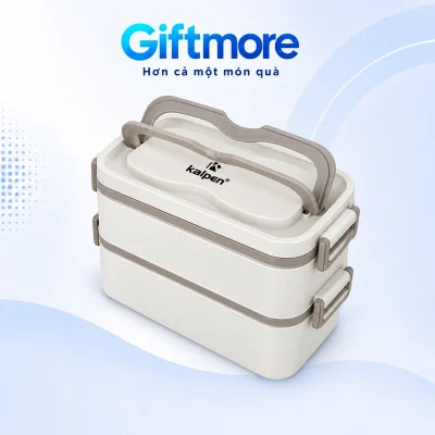 Hộp cơm Kalpen AR10 hai tầng màu kem với tay cầm đôi trên nền GiftMore
