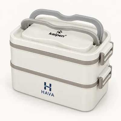Demo HAVA xanh navy ở mặt trước tầng dưới hộp cơm Kalpen AR10 màu kem
