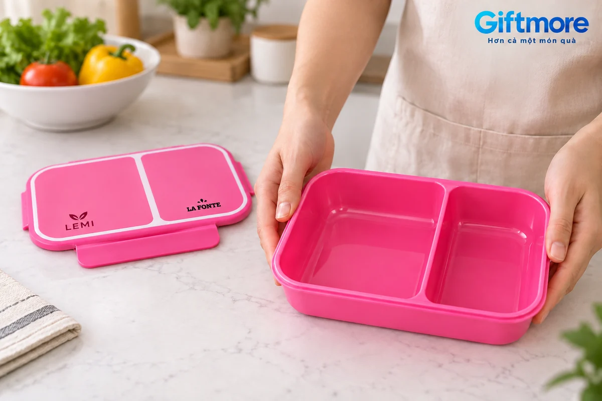 Mô phỏng đặt thân hộp La Fonte hồng hai ngăn rỗng tại bàn bếp, nắp LEMI tháo rời bên cạnh