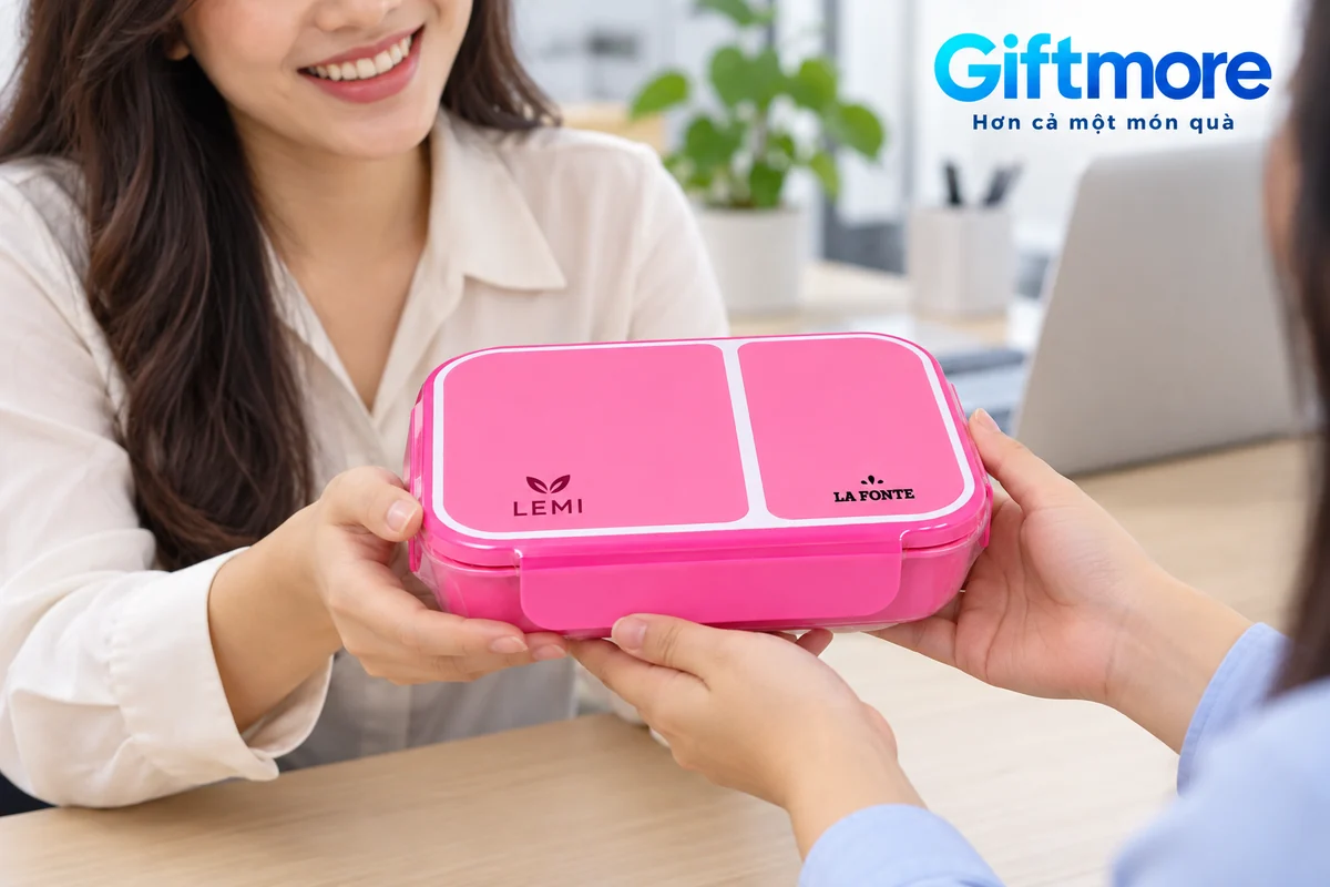 Mô phỏng trao một hộp cơm La Fonte hồng đóng nắp với LEMI và dấu La Fonte tại văn phòng