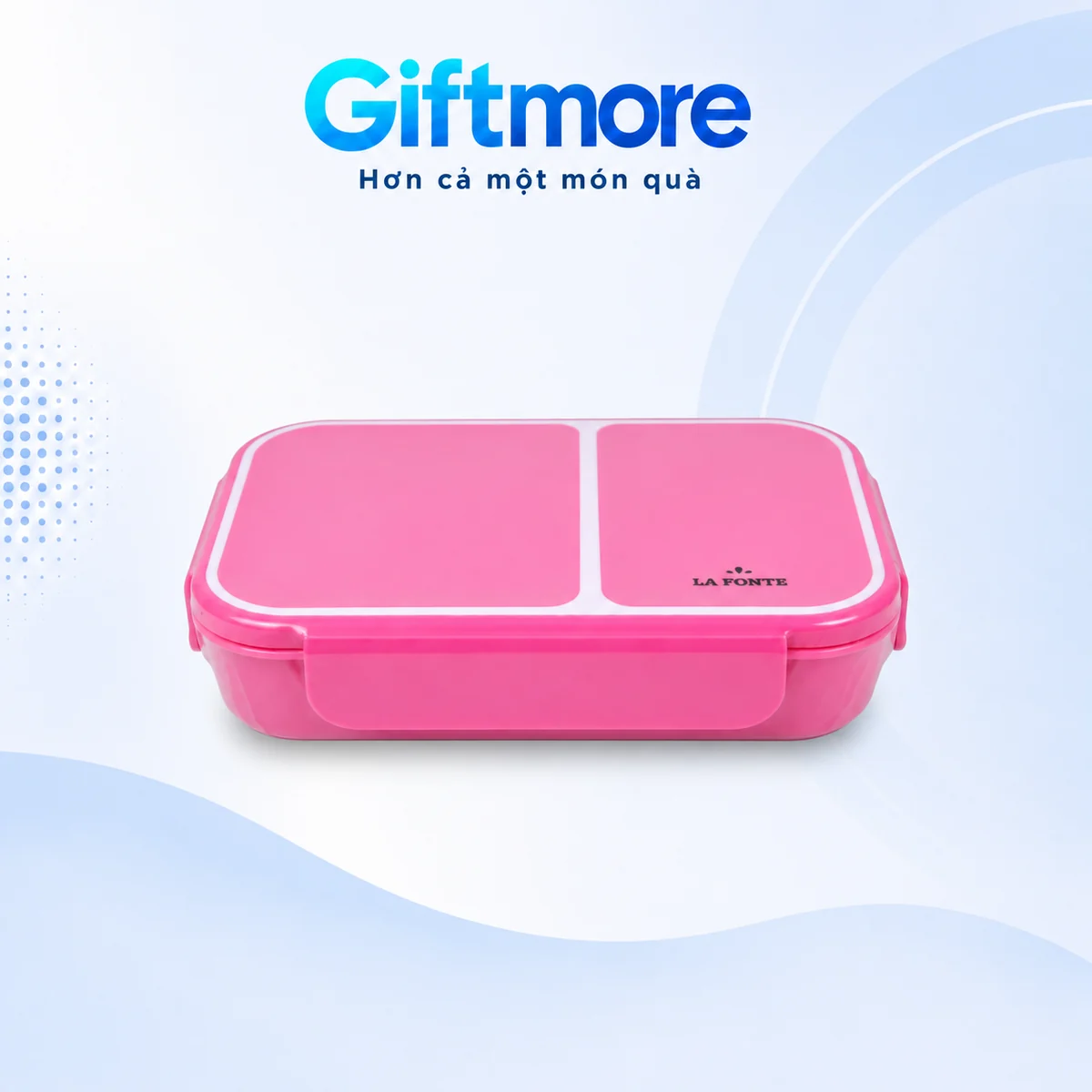 Hộp cơm La Fonte 800 ml màu hồng, nắp viền trắng và khóa cài trên nền GiftMore