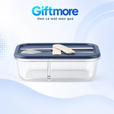 Hộp cơm thủy tinh LLG991CLNVY hai ngăn với nắp xanh navy và muỗng đũa trên nền GiftMore