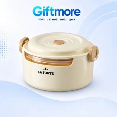 Hộp cơm La Fonte tròn màu kem 800 ml đóng nắp trên nền GiftMore