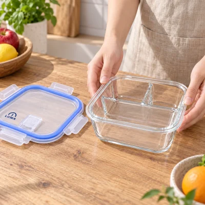Mô phỏng đặt thân hộp Nikko ba ngăn rỗng trên bàn bếp, nắp LUMA rời ở bên trái