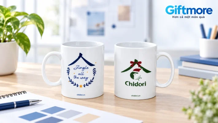 Hai ly trắng in thông điệp và logo Chidori theo mẫu thật, cạnh giấy bố trí và bảng màu trống