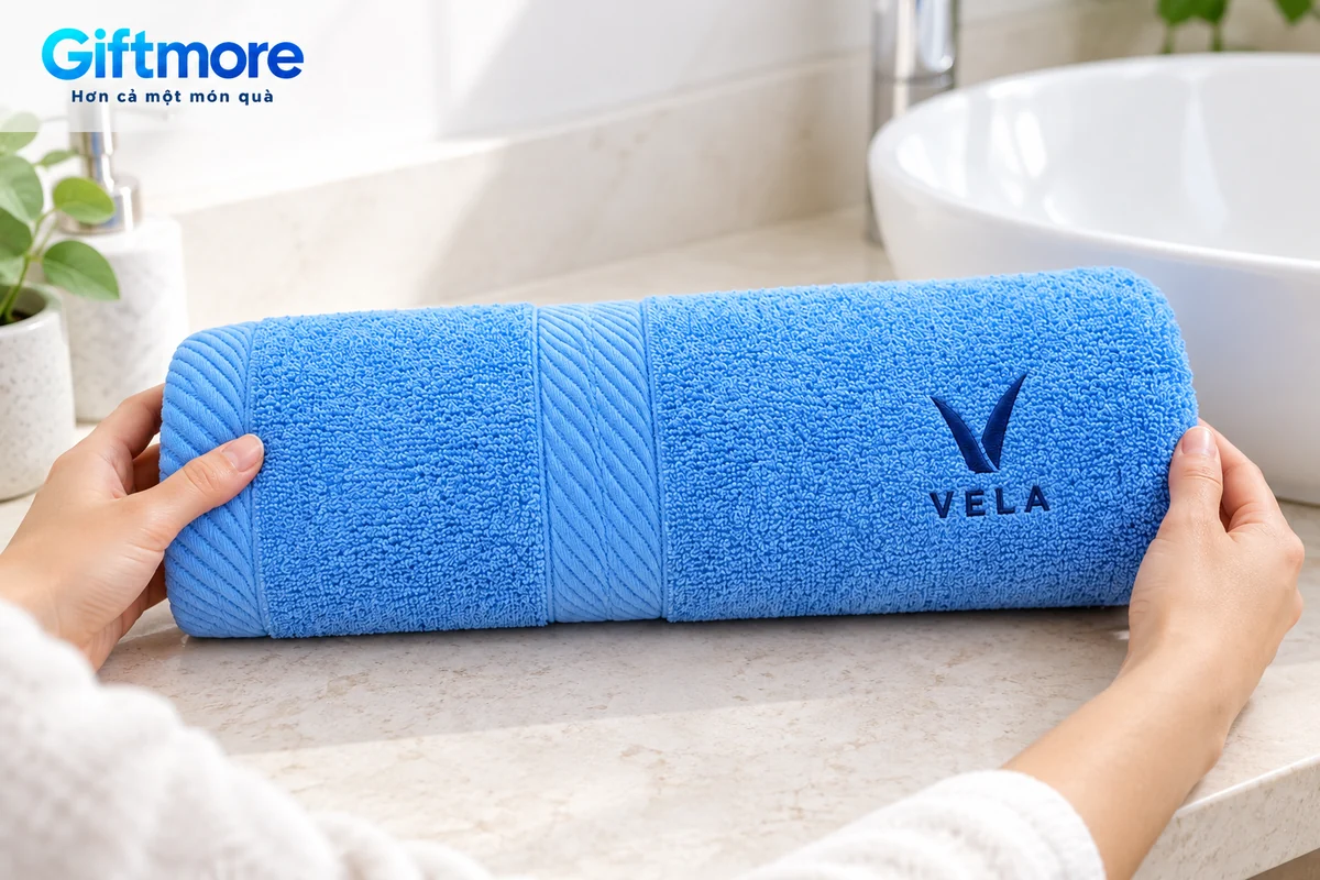 Mô phỏng lấy một khăn cotton xanh demo VELA trên bàn khô cạnh chậu rửa