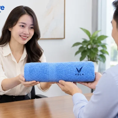 Mô phỏng trao một khăn cotton xanh gấp ngang thêu VELA tại văn phòng