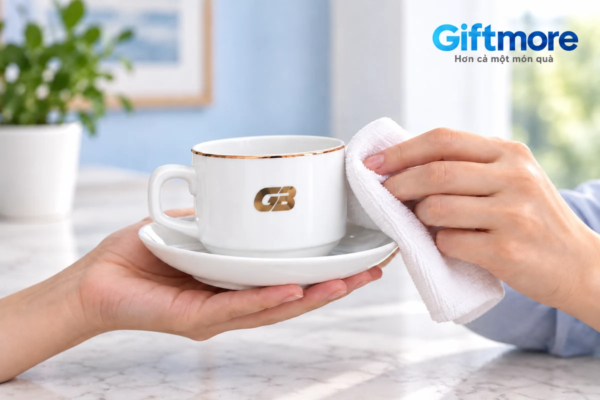 Một chén trắng GB có viền ánh kim và đĩa thật cạnh khăn mềm trên mặt bàn sạch