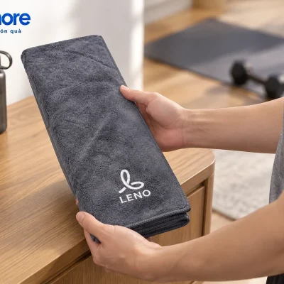 Mô phỏng cầm một khăn microfiber xám LENO bên bàn khô tại góc tập ở nhà