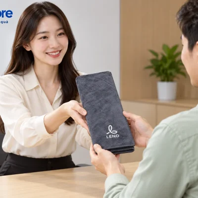 Mô phỏng trao một khăn microfiber xám gấp dài thêu LENO trong văn phòng