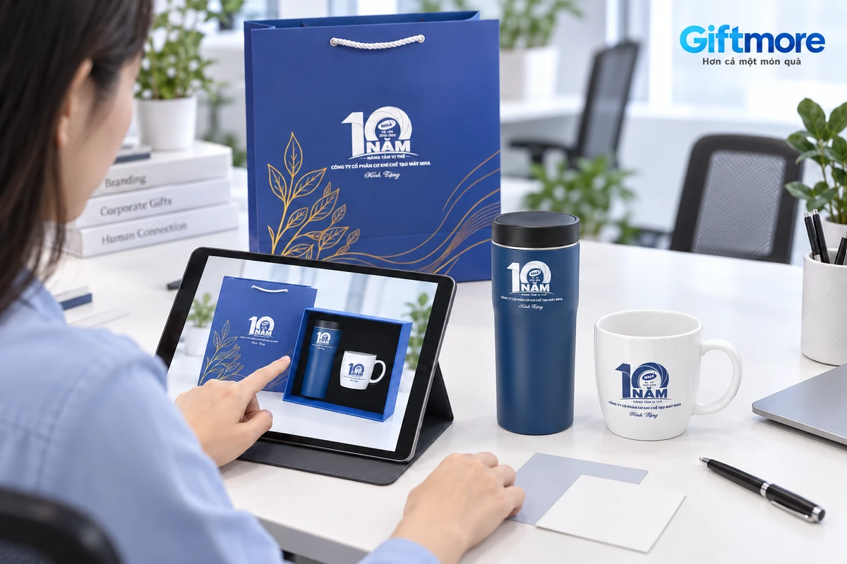 Người đối chiếu bản xem trên tablet với bình navy và ly sứ MHA