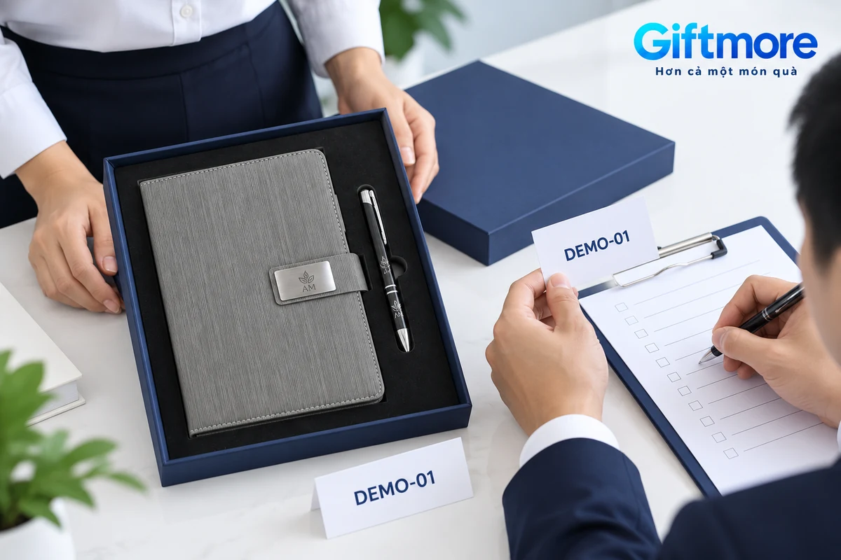 Hai người đối chiếu thẻ DEMO-01 với bảng trống bên bộ sổ xám và bút đen