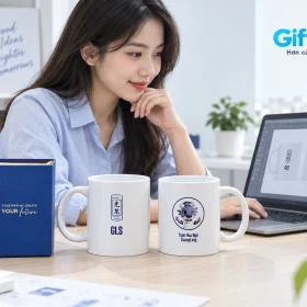 Bàn kiểm nhận diện với hai ly sứ GLS, hộp xanh và máy tính