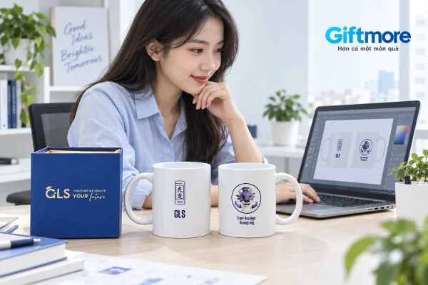 Bàn kiểm nhận diện với hai ly sứ GLS, hộp xanh và máy tính