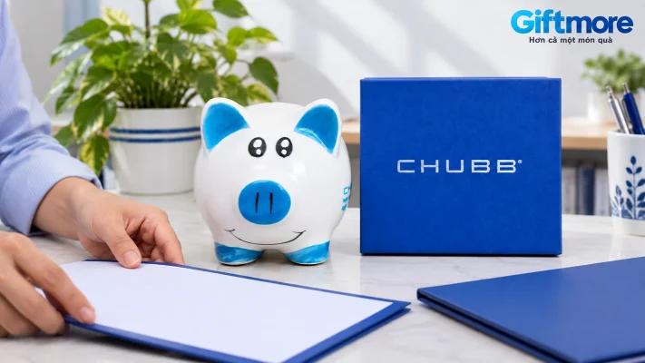Heo tai xanh và hộp CHUBB trên bàn đối chiếu mẫu cùng hồ sơ trống