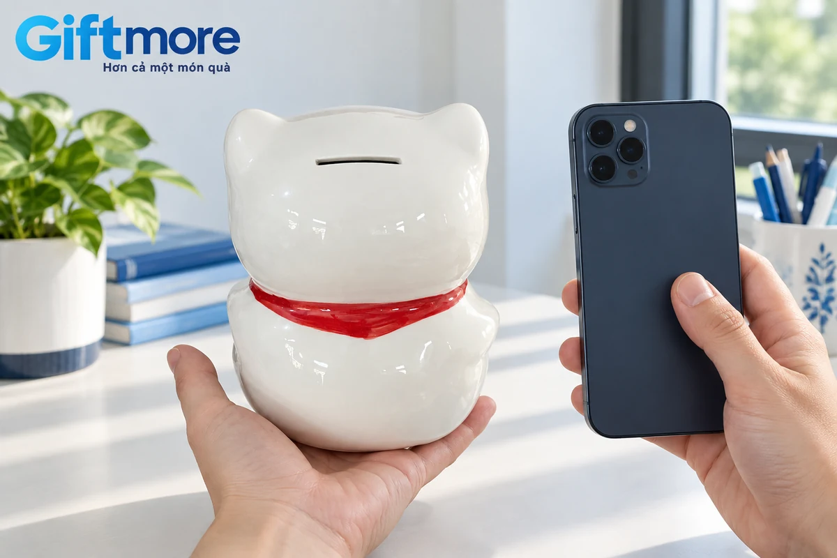 Mặt sau mèo gốm có khe tiền cạnh điện thoại chụp ghi nhận