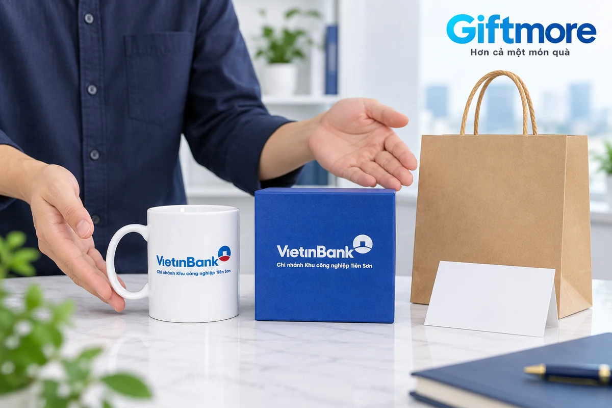 Cốc VietinBank, hộp xanh, túi kraft và thiệp trống trong cảnh xem phạm vi phần quà