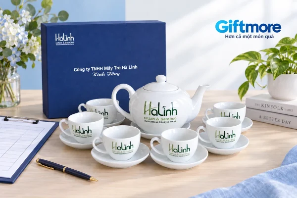 Bộ ấm chén HaLinh theo mẫu thật cạnh phiếu kiểm nhận trống