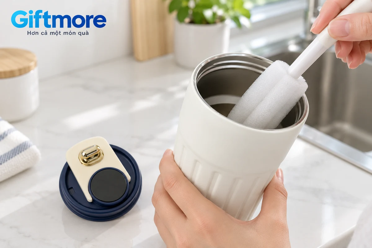 Thao tác demo bằng dụng cụ mềm tại miệng bình trắng mở nắp từ ảnh thật