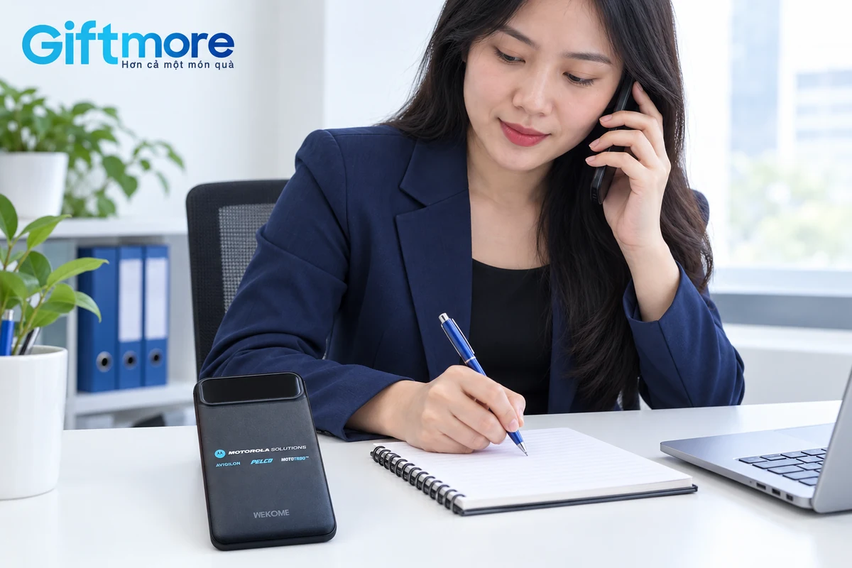 Cảnh dựng người nhận gọi hỗ trợ với sạc Wekome in Motorola đặt trên bàn