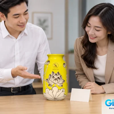 Hai người xem một lọ sen vàng để trống và demo SEN AN trên bàn trao quà