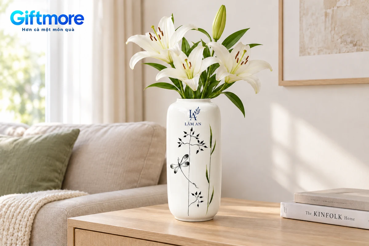 Mô phỏng lọ chuồn chuồn có demo LÂM AN cắm hoa trắng trên bàn console