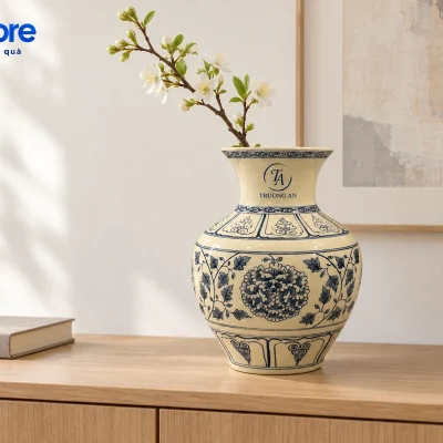 Mô phỏng lọ Trường Phúc trên tủ gỗ thấp với cành hoa trắng và demo TRUONG AN
